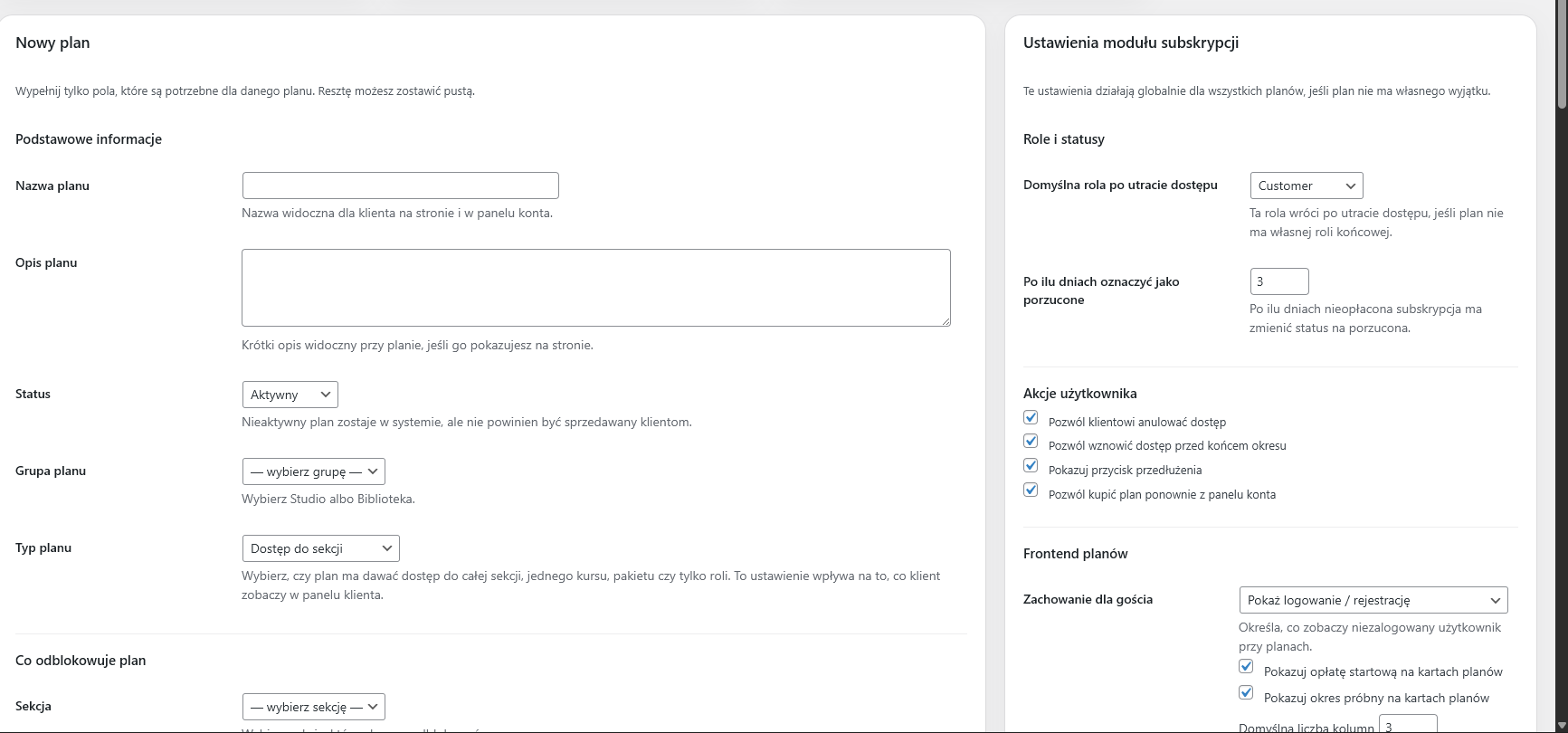 Panel konfiguracji planów dostępu i ról użytkownika