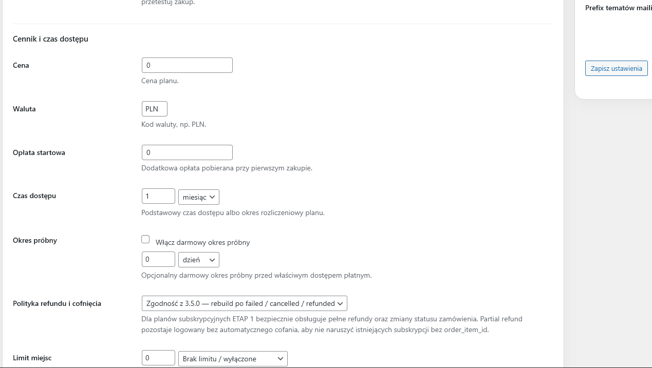Panel konfiguracji cen, triali i limitów