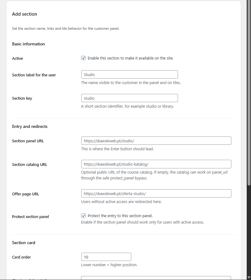SWAM sections screen