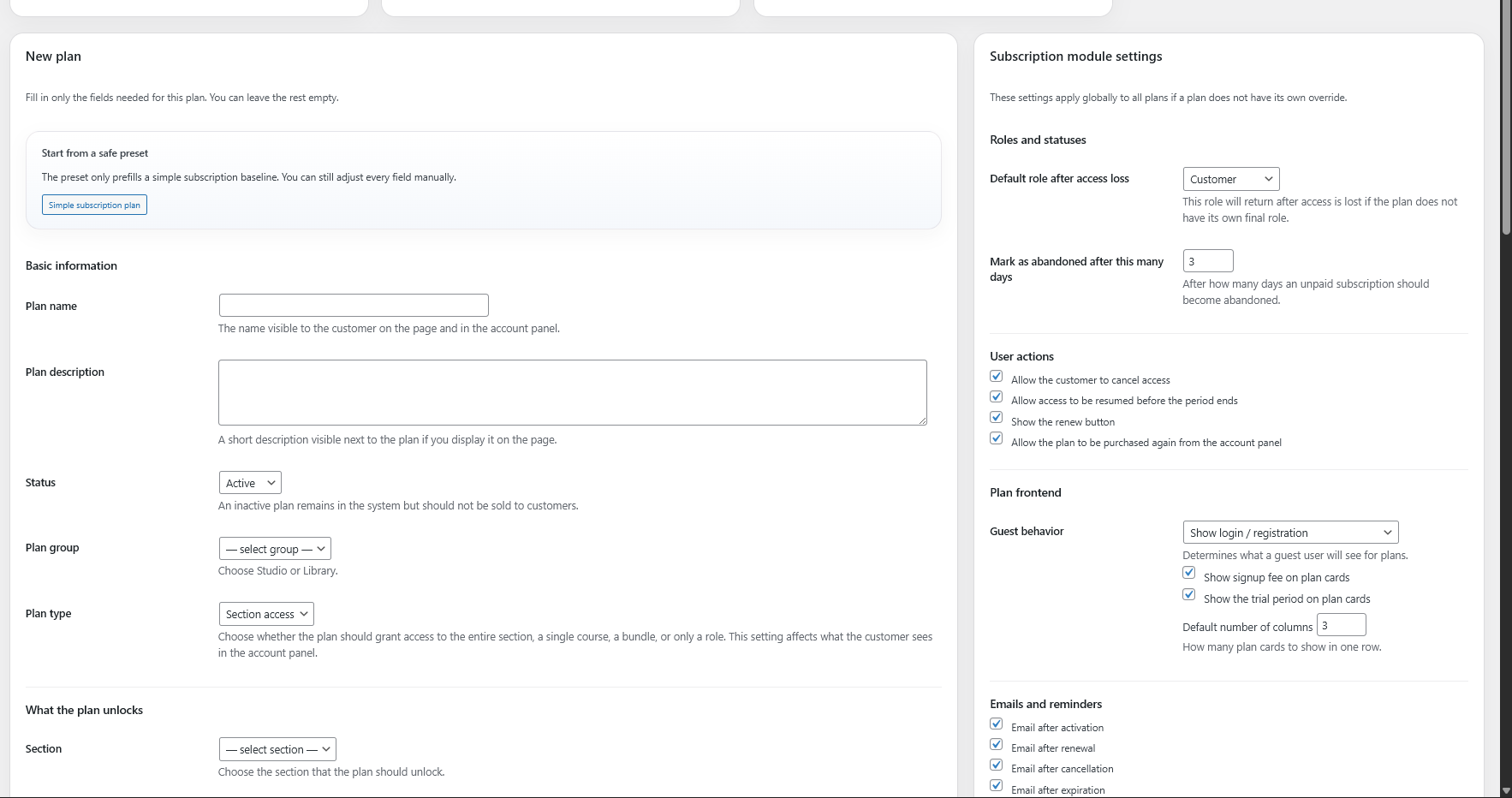 SWAM subscription plans screen
